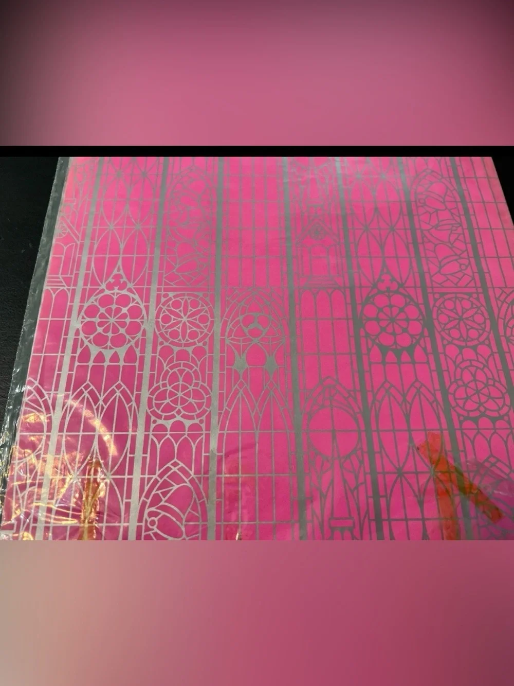 Vtg Wedding Gift Wrap Dennison Pink Silver Cathedral 2 Sheets 70s Mod Ephemera